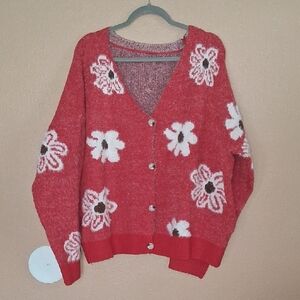 Red Floral Button-Up Sweater